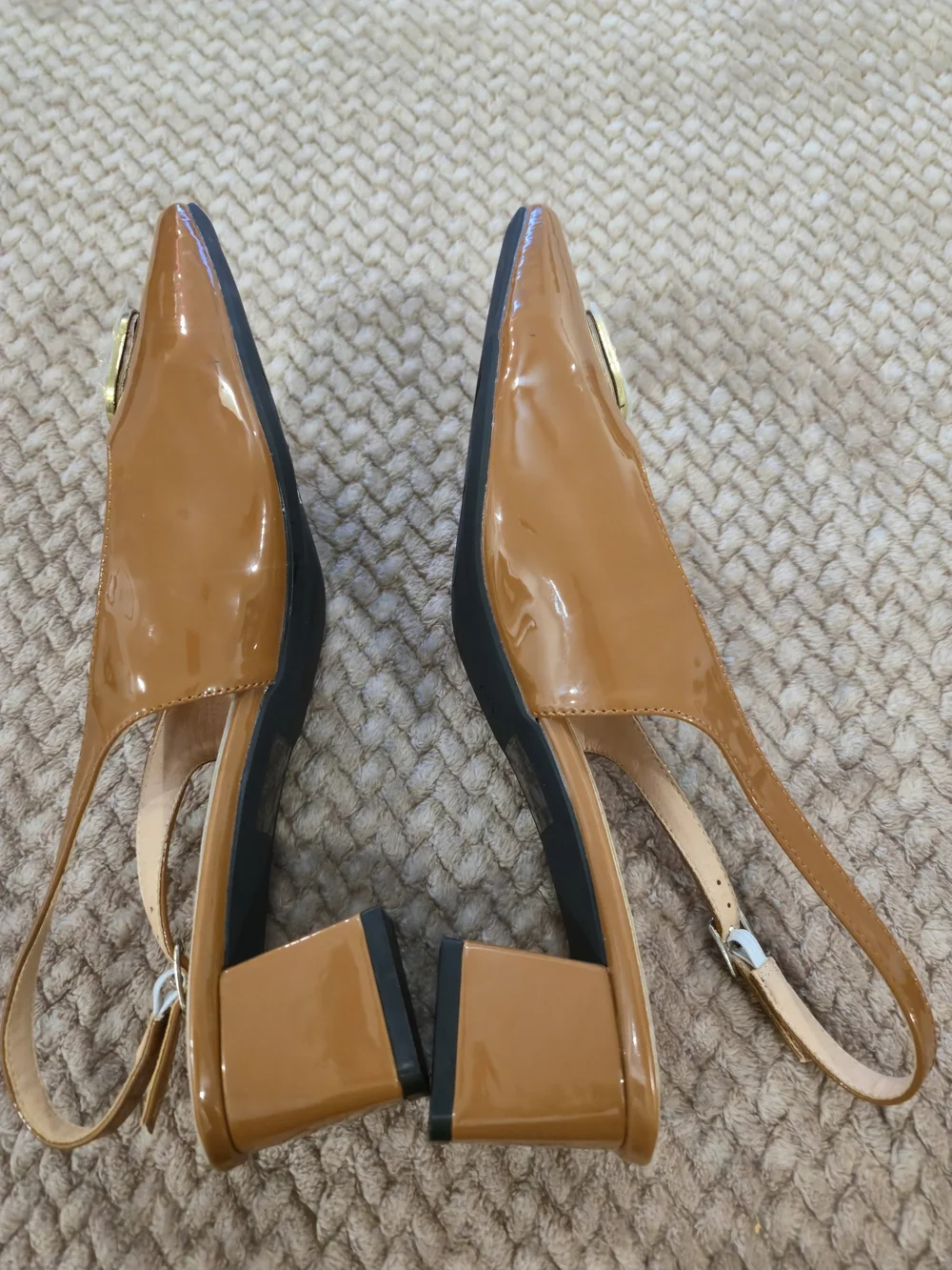 Women's Tan Slingback Block Heel Pumps with Gold Buckle